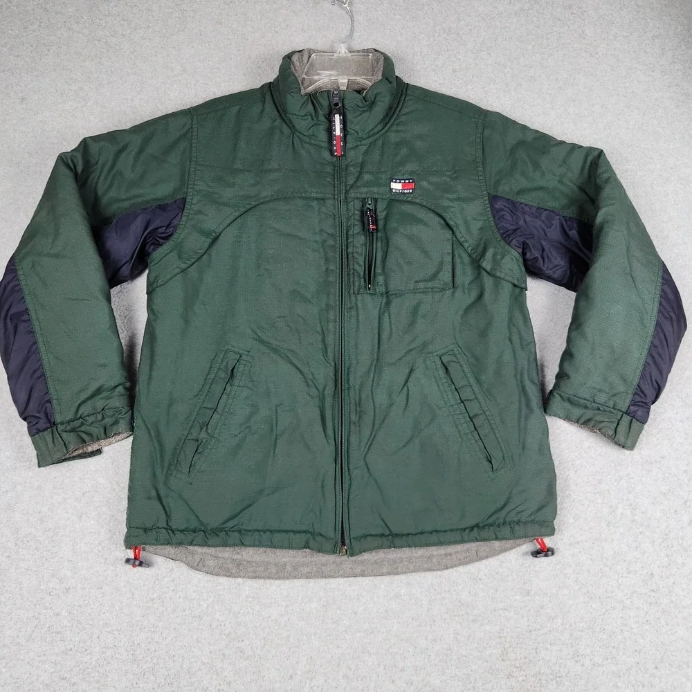 Tommy Hilfiger Reversible Jacket Mens L Green Gray Fleece Ripstop Zip Up Outdoor